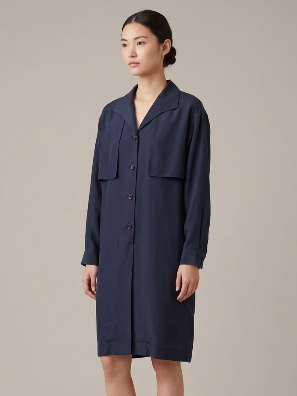 Vintage 100% Silk Dress Trench Coat Style Retro Office 80s 90s Navy Long Sleeve